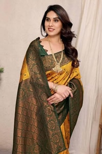 All-Over Brocade Banarasi Soft Silk Saree in Lavender Teal and Mustard Bottle Green  in Surat