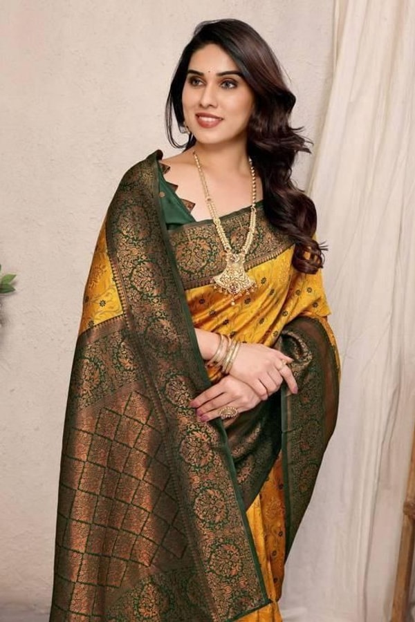 All-Over Brocade Banarasi Soft Silk Saree in Lavender Teal and Mustard Bottle Green  in Surat