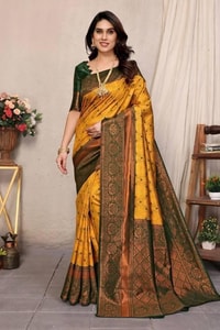 All-Over Brocade Banarasi Soft Silk Saree in Lavender Teal and Mustard Bottle Green  in Surat