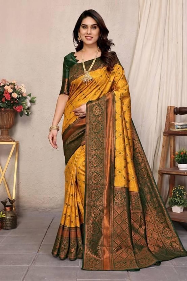 All-Over Brocade Banarasi Soft Silk Saree in Lavender Teal and Mustard Bottle Green  in Surat