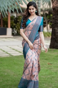 All-Over Brocade Banarasi Soft Silk Saree in Lavender Teal and Mustard Bottle Green  in Surat