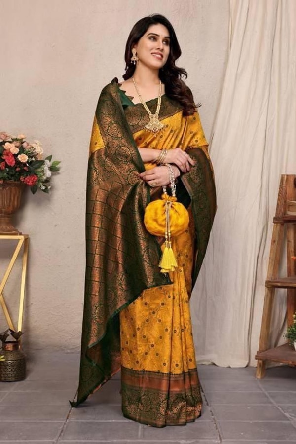 All-Over Brocade Banarasi Soft Silk Saree in Lavender Teal and Mustard Bottle Green  in Surat