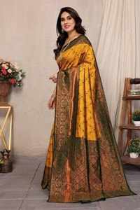 All-Over Brocade Banarasi Soft Silk Saree in Lavender Teal and Mustard Bottle Green  in Surat