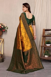 All-Over Brocade Banarasi Soft Silk Saree in Lavender Teal and Mustard Bottle Green  in Surat