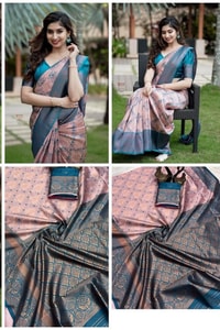 All-Over Brocade Banarasi Soft Silk Saree in Lavender Teal and Mustard Bottle Green  in Surat
