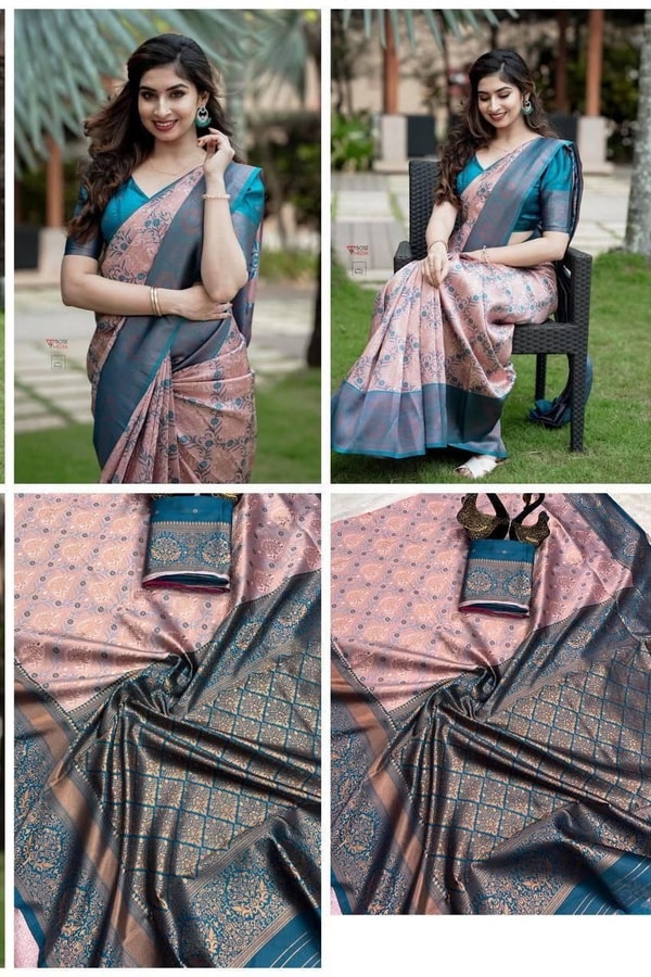 All-Over Brocade Banarasi Soft Silk Saree in Lavender Teal and Mustard Bottle Green  in Surat