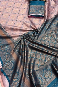 All-Over Brocade Banarasi Soft Silk Saree in Lavender Teal and Mustard Bottle Green  in Surat