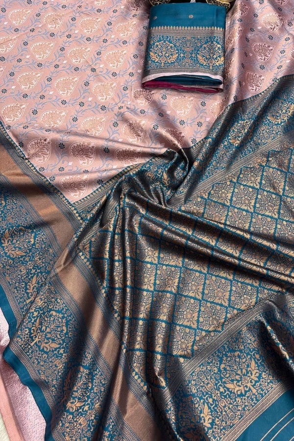 All-Over Brocade Banarasi Soft Silk Saree in Lavender Teal and Mustard Bottle Green  in Surat