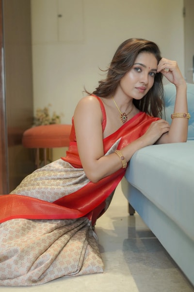All-Over Brocade Banarasi Soft Silk Saree in Orange Silver and Magenta Olive Gold in Surat