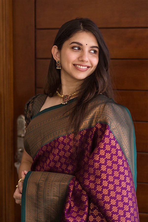 All-Over Brocade Banarasi Soft Silk Saree in Orange Silver and Magenta Olive Gold  in Surat