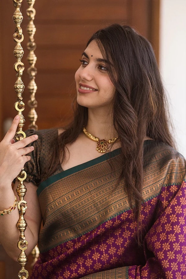 All-Over Brocade Banarasi Soft Silk Saree in Orange Silver and Magenta Olive Gold  in Surat