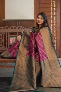 All-Over Brocade Banarasi Soft Silk Saree in Orange Silver and Magenta Olive Gold  in Surat