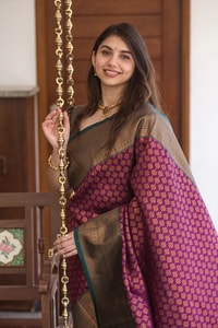 All-Over Brocade Banarasi Soft Silk Saree in Orange Silver and Magenta Olive Gold  in Surat