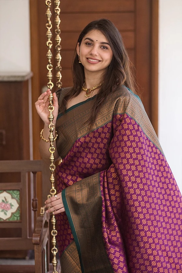 All-Over Brocade Banarasi Soft Silk Saree in Orange Silver and Magenta Olive Gold  in Surat
