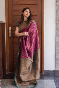 All-Over Brocade Banarasi Soft Silk Saree in Orange Silver and Magenta Olive Gold  in Surat