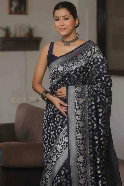 All-Over Gold and Silver Zari Jaal Banarasi Soft Silk Saree in Navy, Red, Sky Blue and Wine in Surat