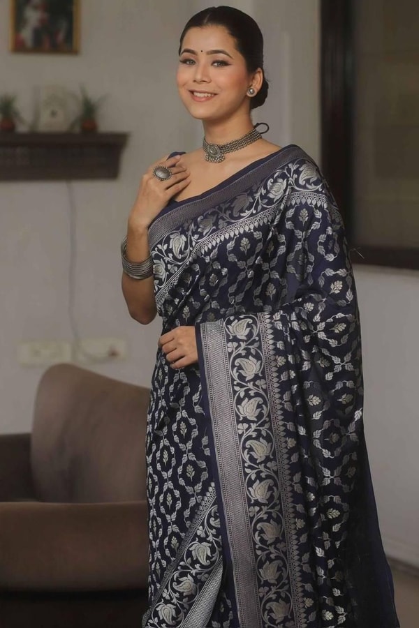 All-Over Gold and Silver Zari Jaal Banarasi Soft Silk Saree in Navy, Red, Sky Blue and Wine  in Surat