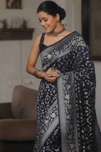 All-Over Gold and Silver Zari Jaal Banarasi Soft Silk Saree in Navy, Red, Sky Blue and Wine  in Surat