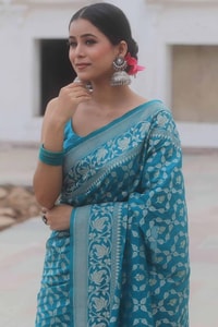 All-Over Gold and Silver Zari Jaal Banarasi Soft Silk Saree in Navy, Red, Sky Blue and Wine  in Surat