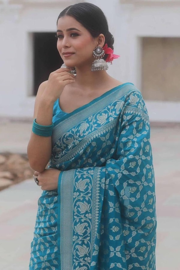 All-Over Gold and Silver Zari Jaal Banarasi Soft Silk Saree in Navy, Red, Sky Blue and Wine  in Surat
