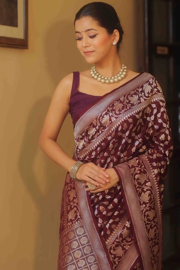 All-Over Gold and Silver Zari Jaal Banarasi Soft Silk Saree in Navy, Red, Sky Blue and Wine  in Surat