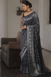 All-Over Gold and Silver Zari Jaal Banarasi Soft Silk Saree in Navy, Red, Sky Blue and Wine  in Surat