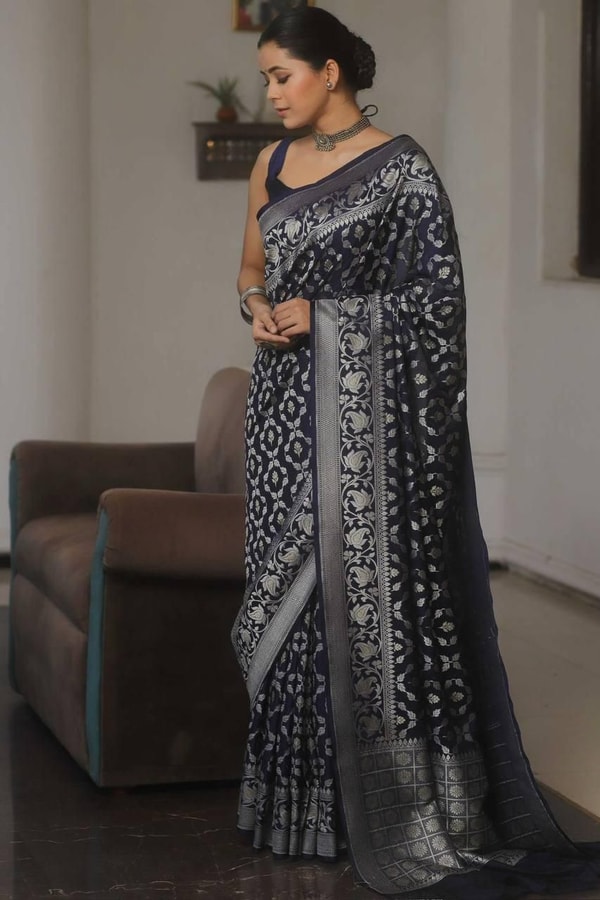 All-Over Gold and Silver Zari Jaal Banarasi Soft Silk Saree in Navy, Red, Sky Blue and Wine  in Surat
