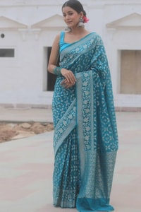 All-Over Gold and Silver Zari Jaal Banarasi Soft Silk Saree in Navy, Red, Sky Blue and Wine  in Surat