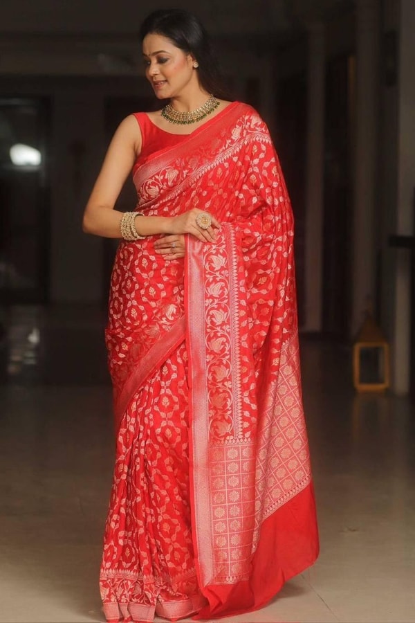All-Over Gold and Silver Zari Jaal Banarasi Soft Silk Saree in Navy, Red, Sky Blue and Wine  in Surat