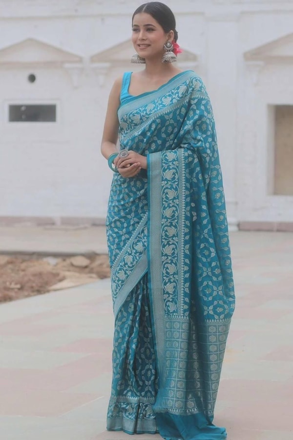 All-Over Gold and Silver Zari Jaal Banarasi Soft Silk Saree in Navy, Red, Sky Blue and Wine  in Surat