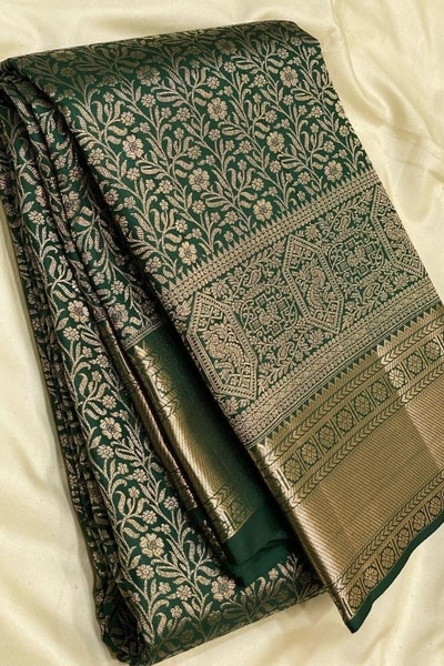 All-Over Zari Brocade Banarasi Soft Silk Saree in Bottle Green and Rose Maroon in Surat