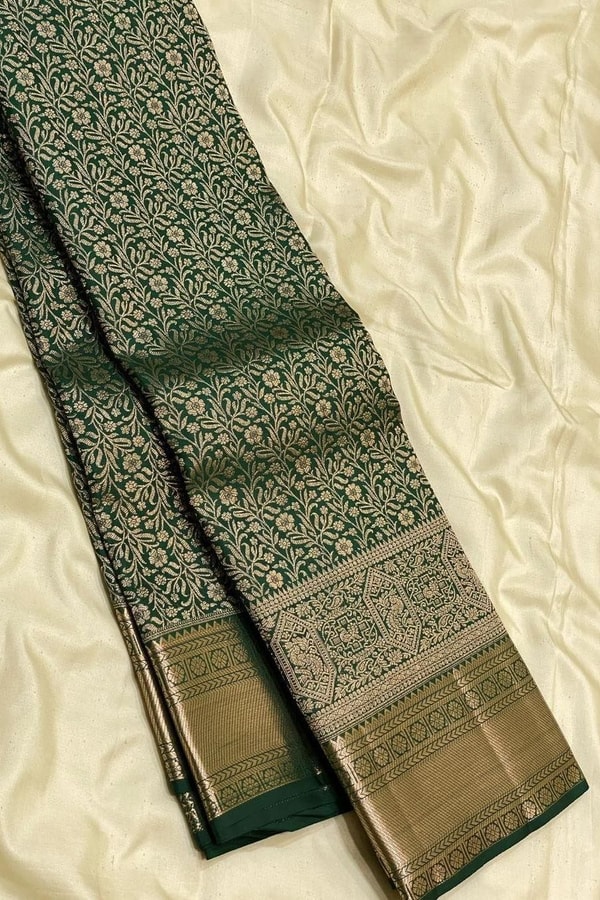 All-Over Zari Brocade Banarasi Soft Silk Saree in Bottle Green and Rose Maroon  in Surat