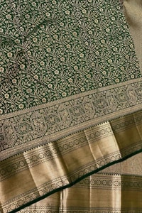 All-Over Zari Brocade Banarasi Soft Silk Saree in Bottle Green and Rose Maroon  in Surat