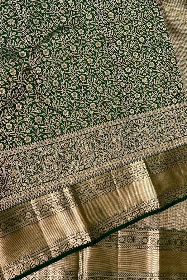 All-Over Zari Brocade Banarasi Soft Silk Saree in Bottle Green and Rose Maroon  in Surat