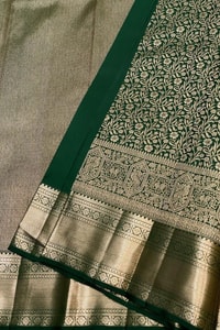 All-Over Zari Brocade Banarasi Soft Silk Saree in Bottle Green and Rose Maroon  in Surat