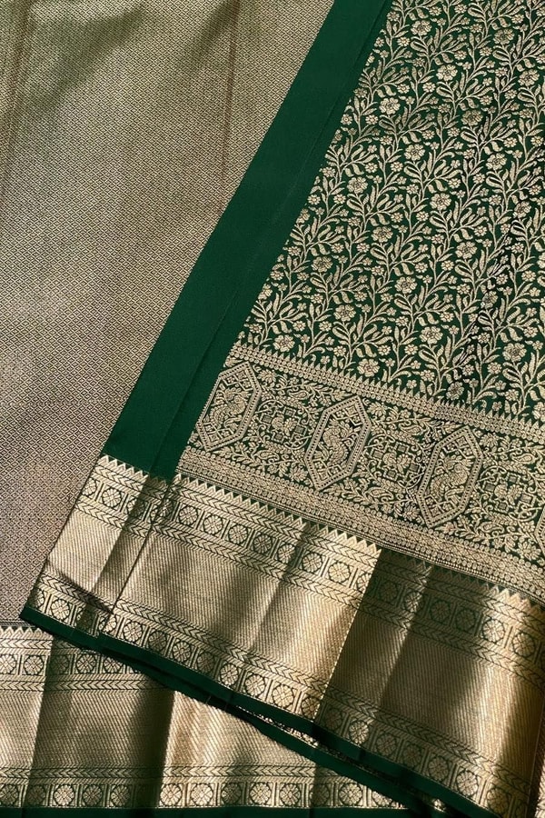 All-Over Zari Brocade Banarasi Soft Silk Saree in Bottle Green and Rose Maroon  in Surat
