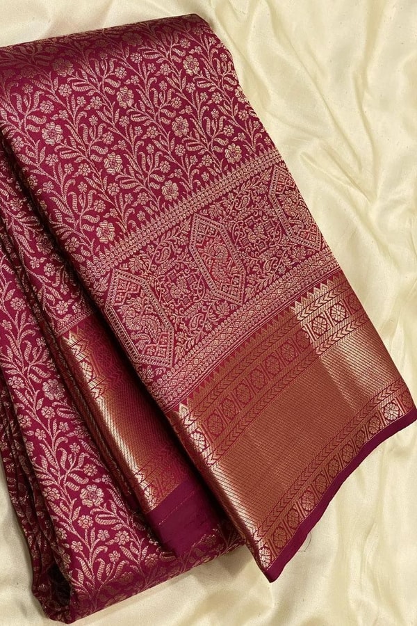 All-Over Zari Brocade Banarasi Soft Silk Saree in Bottle Green and Rose Maroon  in Surat