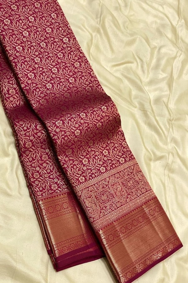 All-Over Zari Brocade Banarasi Soft Silk Saree in Bottle Green and Rose Maroon  in Surat