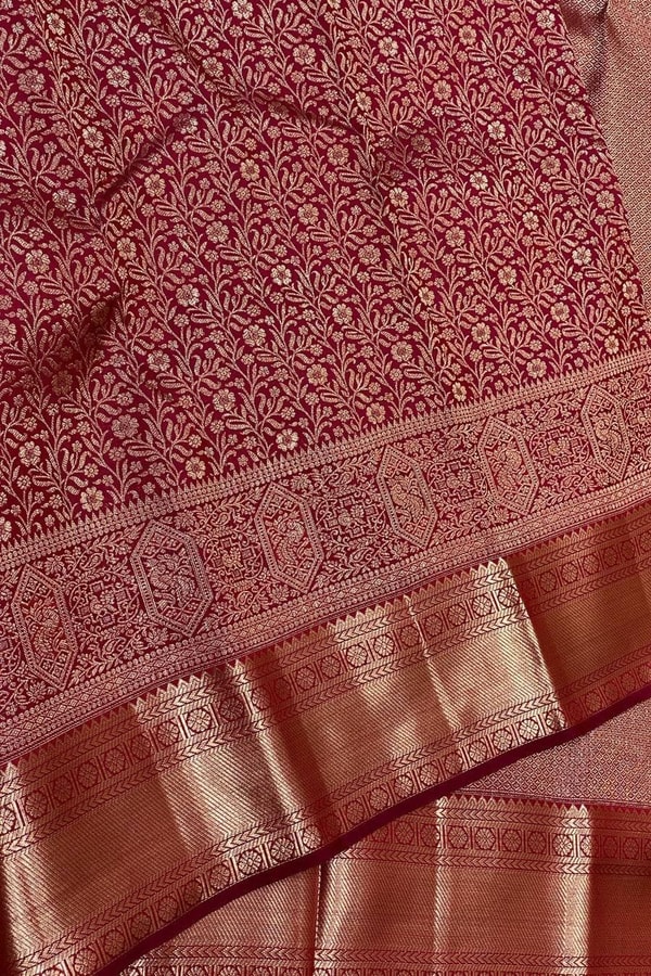 All-Over Zari Brocade Banarasi Soft Silk Saree in Bottle Green and Rose Maroon  in Surat