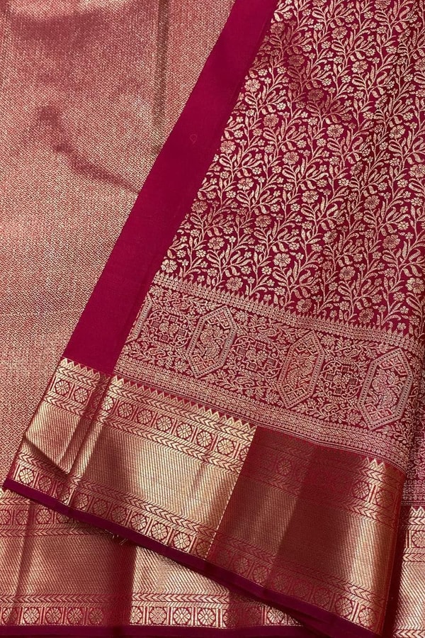 All-Over Zari Brocade Banarasi Soft Silk Saree in Bottle Green and Rose Maroon  in Surat