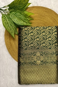 All-Over Zari Brocade Banarasi Soft Silk Saree in Bottle Green and Rose Maroon  in Surat