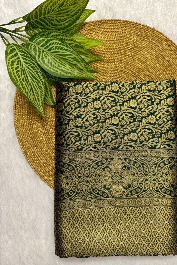 All-Over Zari Brocade Banarasi Soft Silk Saree in Bottle Green and Rose Maroon  in Surat
