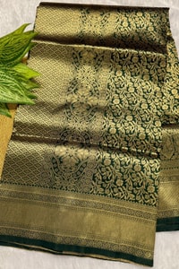 All-Over Zari Brocade Banarasi Soft Silk Saree in Bottle Green and Rose Maroon  in Surat