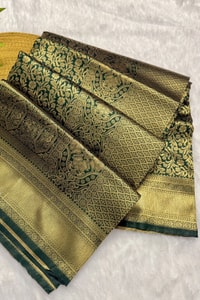 All-Over Zari Brocade Banarasi Soft Silk Saree in Bottle Green and Rose Maroon  in Surat