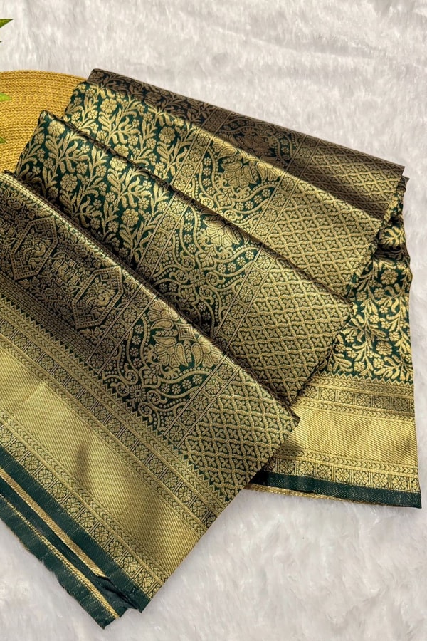 All-Over Zari Brocade Banarasi Soft Silk Saree in Bottle Green and Rose Maroon  in Surat