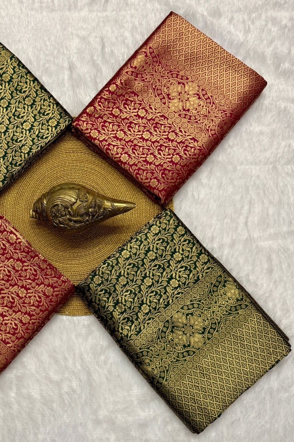 All-Over Zari Brocade Banarasi Soft Silk Saree in Bottle Green and Rose Maroon  in Surat