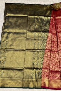 All-Over Zari Brocade Banarasi Soft Silk Saree in Bottle Green and Rose Maroon  in Surat