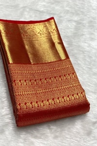 All-Over Zari Brocade Banarasi Soft Silk Saree with Contrast Gold Border in Red and Wine  in Surat