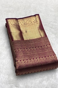 All-Over Zari Brocade Banarasi Soft Silk Saree with Contrast Gold Border in Red and Wine  in Surat
