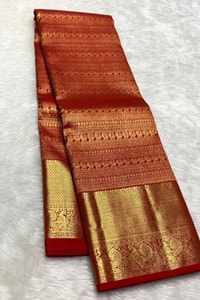 All-Over Zari Brocade Banarasi Soft Silk Saree with Contrast Gold Border in Red and Wine  in Surat